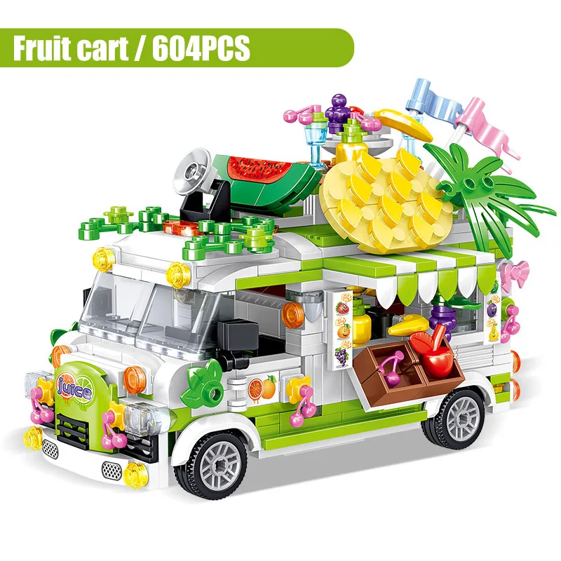 Street View Educational City Friends Ice Cream Truck Dining Car Mini Building Blocks Model Bricks Toys For Kids Girl Gifts