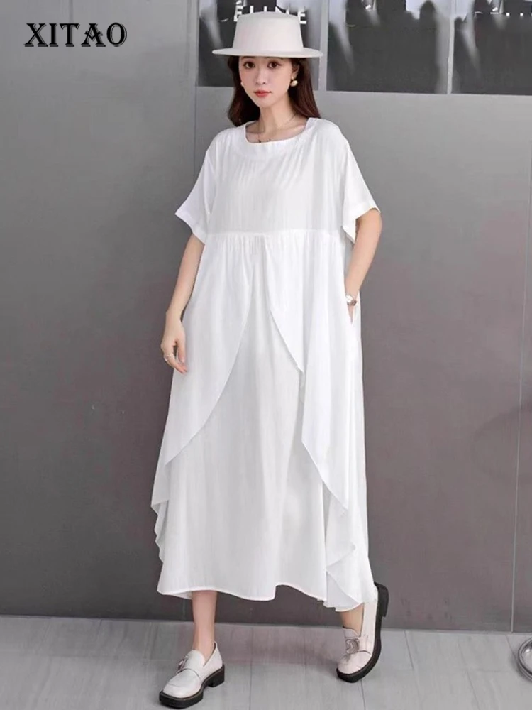 

XITAO Irregular O-neck Loose Dress Solid Color Short Sleeve Patchwork Simple Casual Elegant All-match Summer Woman Dress ZMY1381