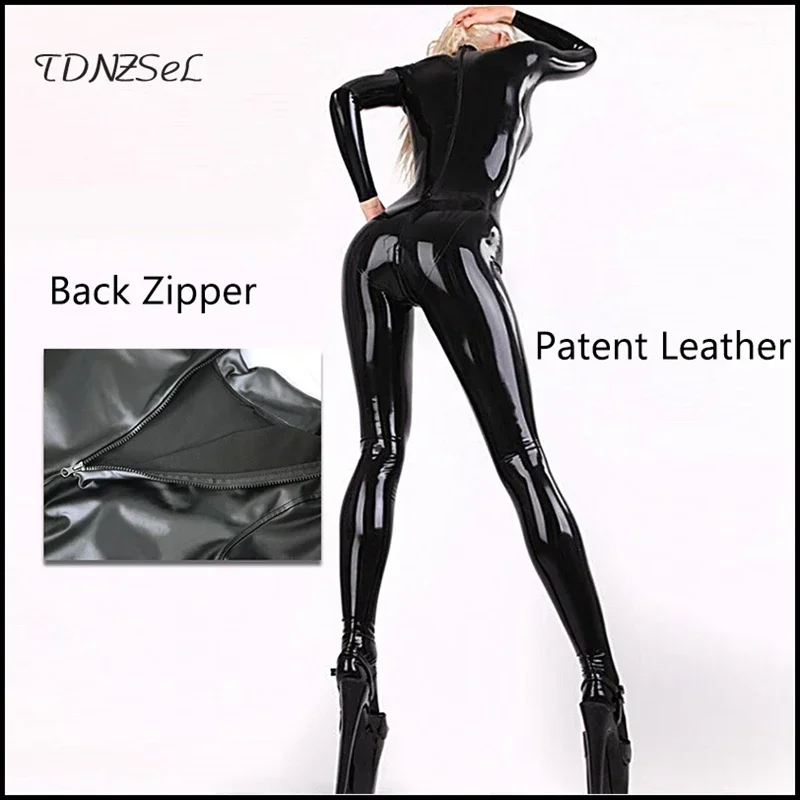 

Exotic Sexy Latex Leather Bodycon Jumpsuit Women's Open Crotch Romper Zipper Nightclub Zentai Pole Dance Costume Custom Clubwear