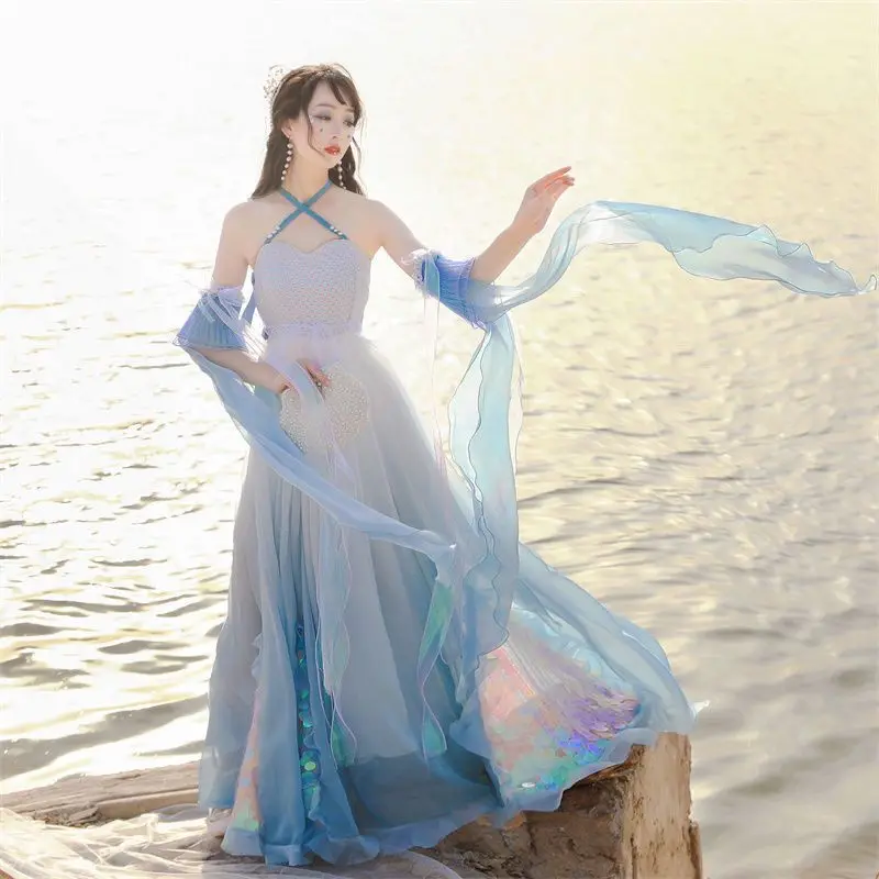 

Женское платье Hanfu большого размера, старинное китайское платье ханьфу, женский костюм для сказочного косплея, сценическое танцевальное платье, летнее платье ханьфу, синее градиентное платье