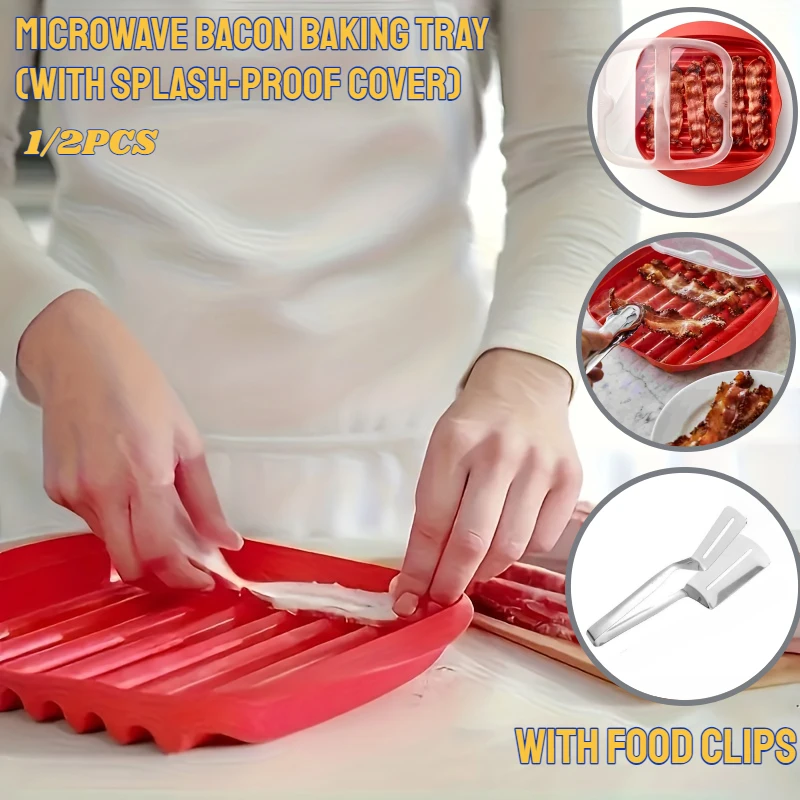 Microwave Bacon Maker Cooker Tray with Splatter Lid Safety Quick No Mess Pizza Tray in Few Minute Efficient Food Prep Kitchen To