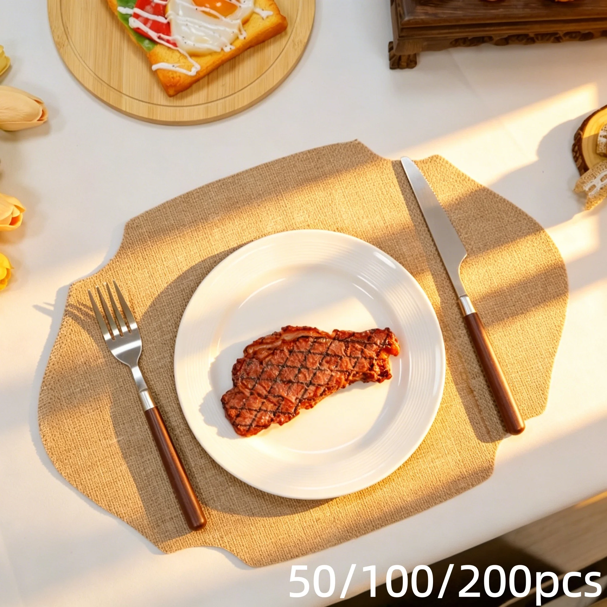 

50/100/200pcs Irregular Beige Jute Mat Thermal Insulation Literary Fresh Air Home Dining Table/Picnic Camping/Coffee Shop