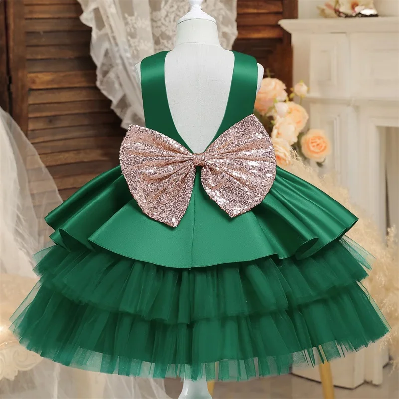 Baby Girl Sequin Bow Dresses Infant Baptism Gown Toddler Kids Wedding Dress Elegant Birthday Princess Party Formal Gala Costume