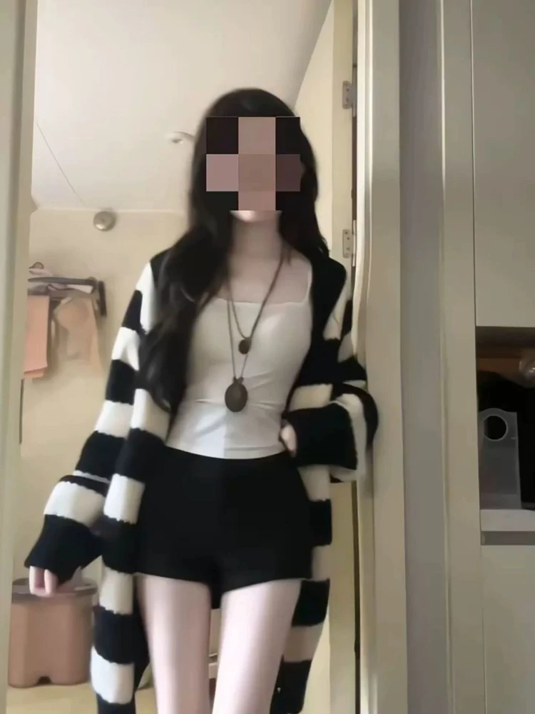 Streetwear Grunge Gestreifte Strickjacken Frauen Y2k Ästhetischen Einreiher Herbst Pullover Adrette Casual Lose Gestrickte Mäntel