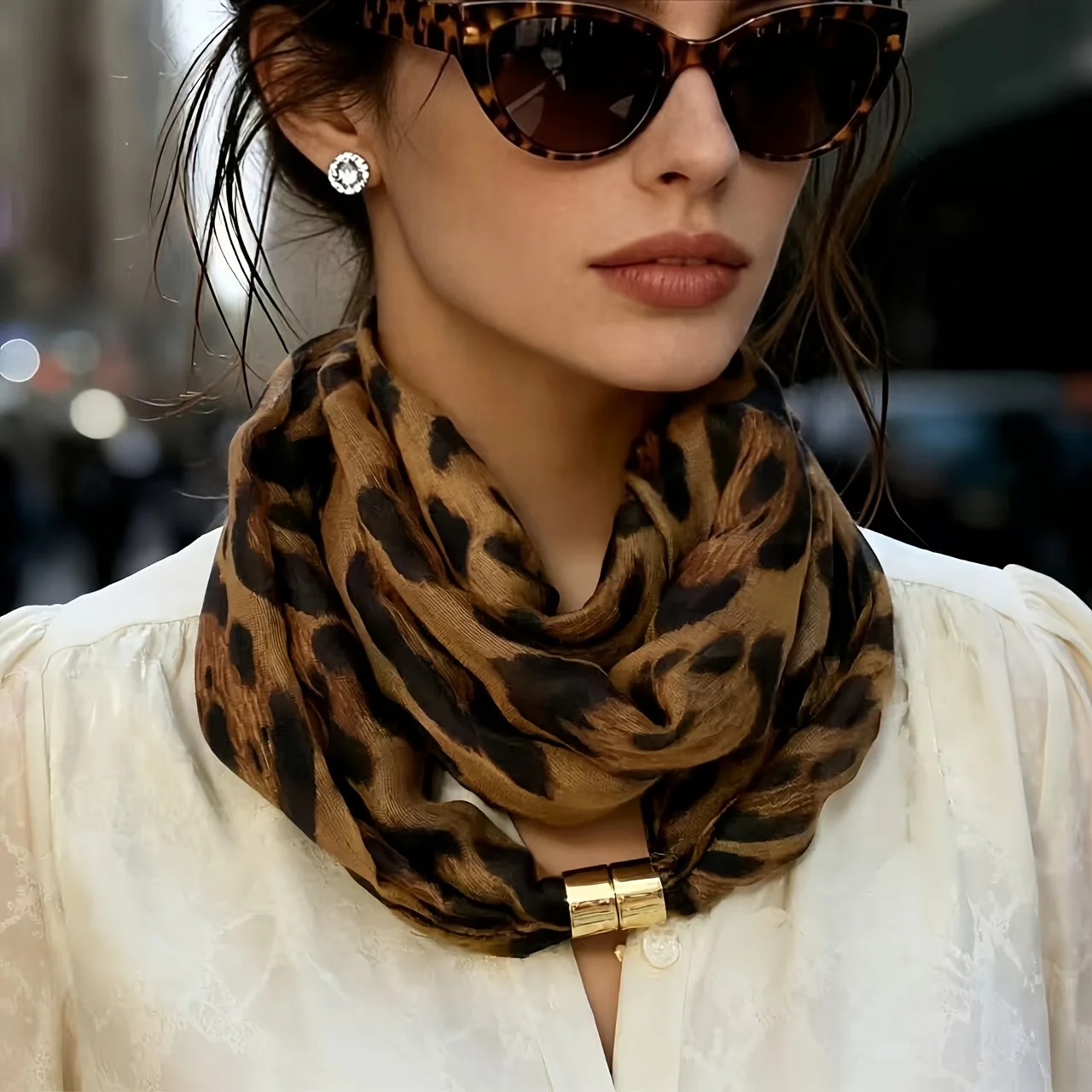 French-Style Elegant Neck Scarf, Versatile Leopard Print Scarf, Minimalist No-Tie Silk Scarf, Commuter Style, High-End Versatile Scarf