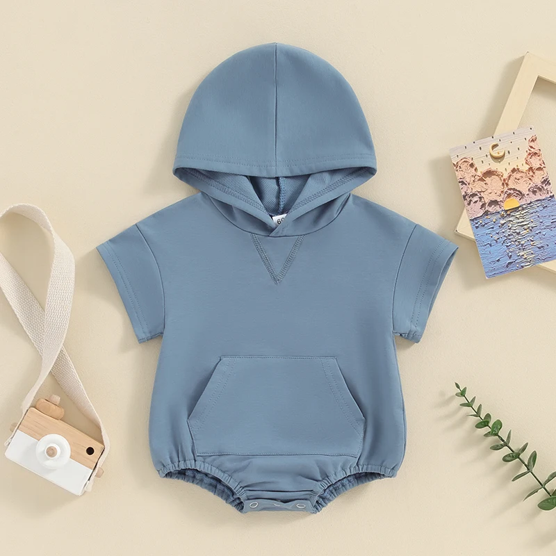 2023-12-18 Lioraitiin Newborn Baby Boy Girl Solid Color Hooded Bodysuit Oversized Short Sleeve Bubble Jumpsuit Summer Clothes