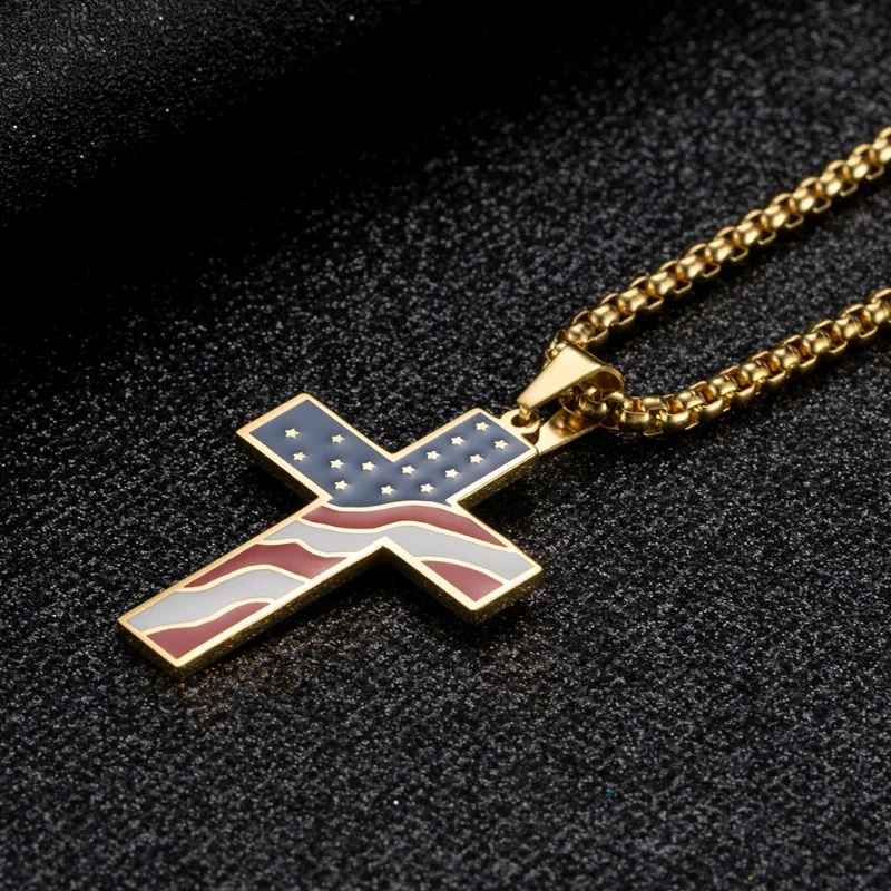 Stainless Steel Enamel American USA Flag Cross Pendant Necklace Stars Stripes Jesus Religion Christian Cross Jewelry