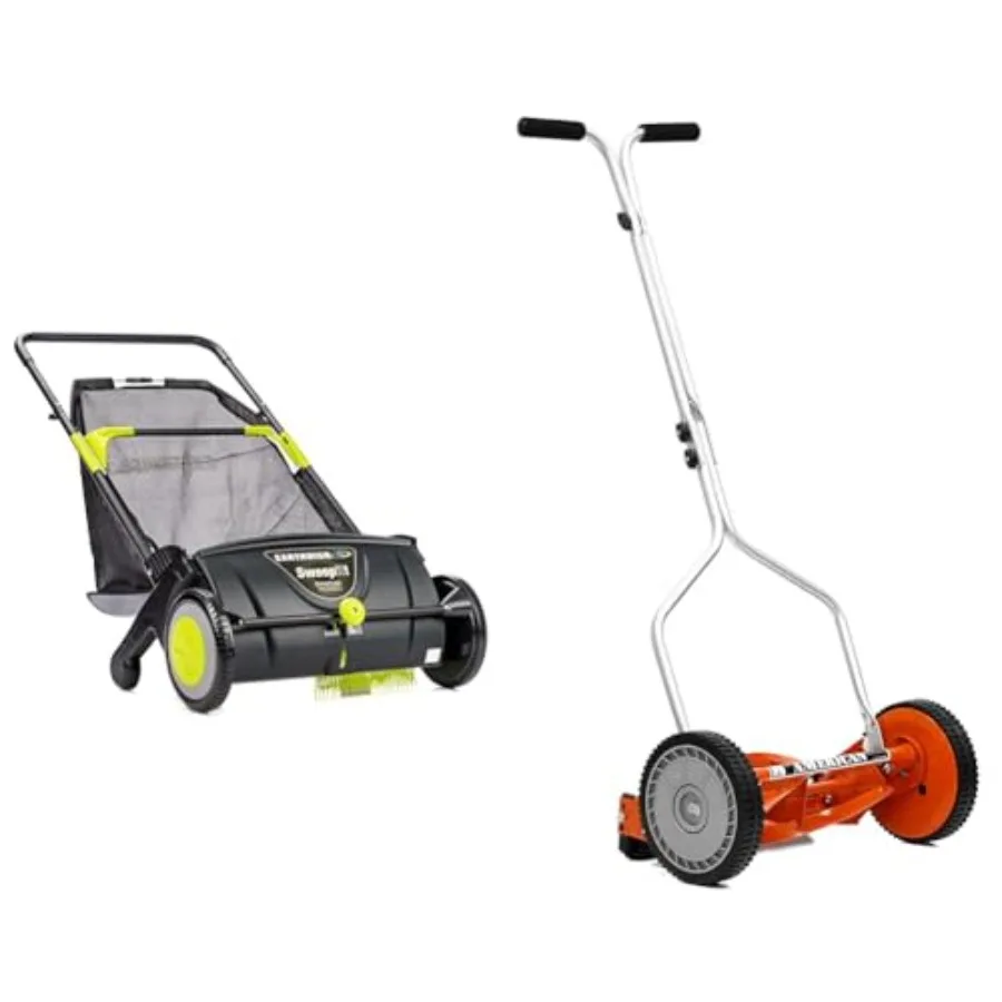 

21" Width Leaf and Grass Push Lawn Sweeper and American 14" 4-Blade Push Reel Lawn Mower Bundle