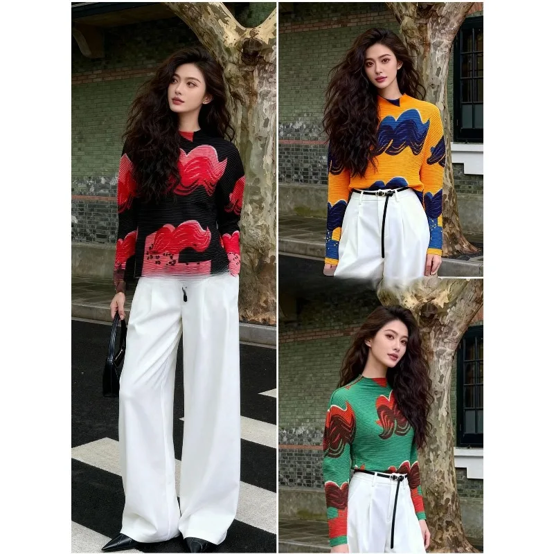 

Miyake Pleated 2026 Winter New Long-sleeved T-shirt Women's Half-high Neck Printed Slim Pleated Blouse Bottoming Shirt Pleated