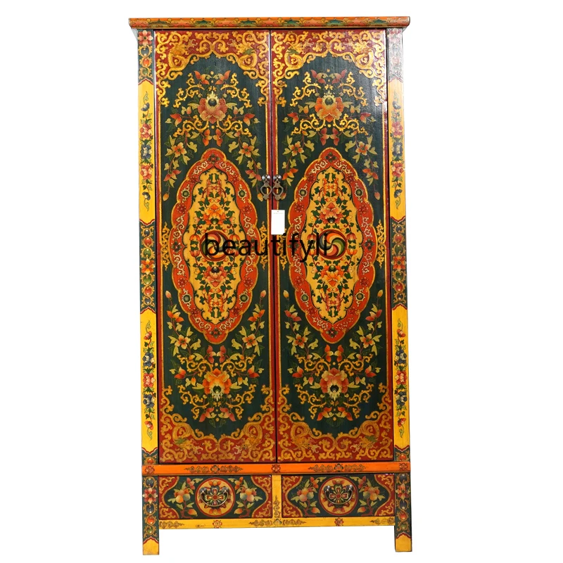 

Tibetan Antique Wardrobe Double Door Solid Wood Retro Wardrobe Bedroom Storage Cabinet Ethnic Style