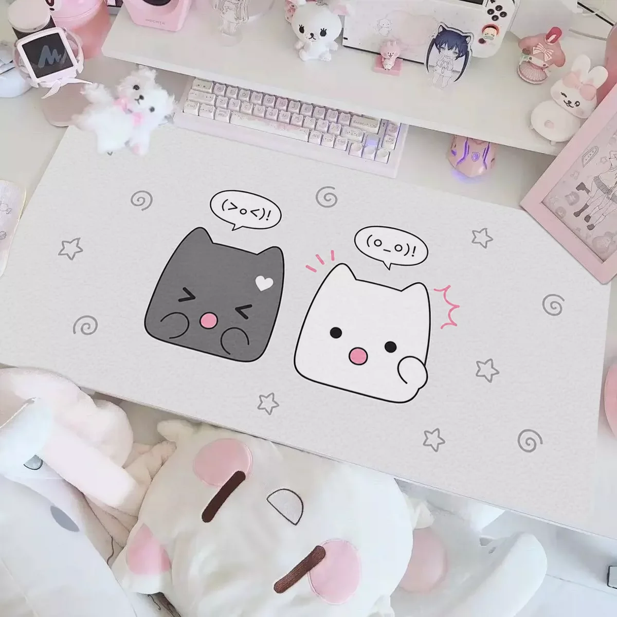 Black White Kitten Fish Cake Kawaii Cat Y2K Leather Desk Pad Protector Mouse Pad Office Desk Mat Non-Slip PU Desk Blotter Pad