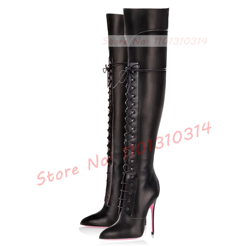 Back Zipper Rivets Thigh High Boots Women Chic Pink Sole Cross-tied Stiletto High Heels Sexy Ladies Pointy Studded Slim Shoes
