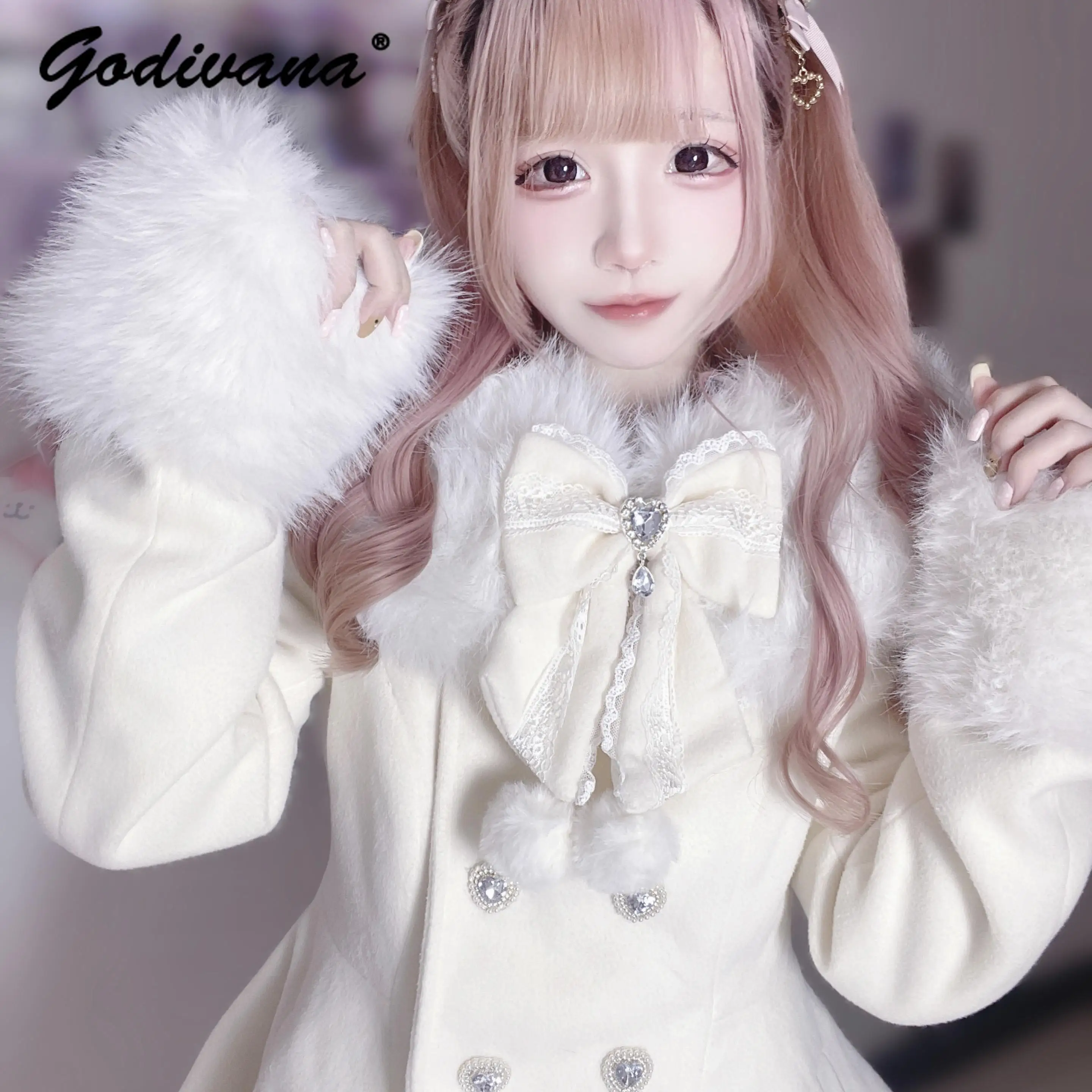 Japanese Mine Detachable Fur Collar Slim Woolen Coat Autumn Winter New Lolita Bow Rhinestone Buckle Wool Jacket Coat for Women