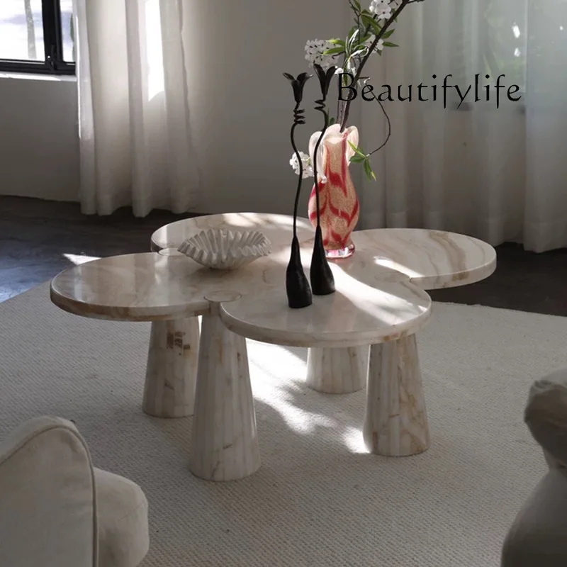 

White Marble Living Room Table,Italian Minimalist Clover Carving Compact Luxury Custom Design Heat/Easy-Clean & Space Artistry