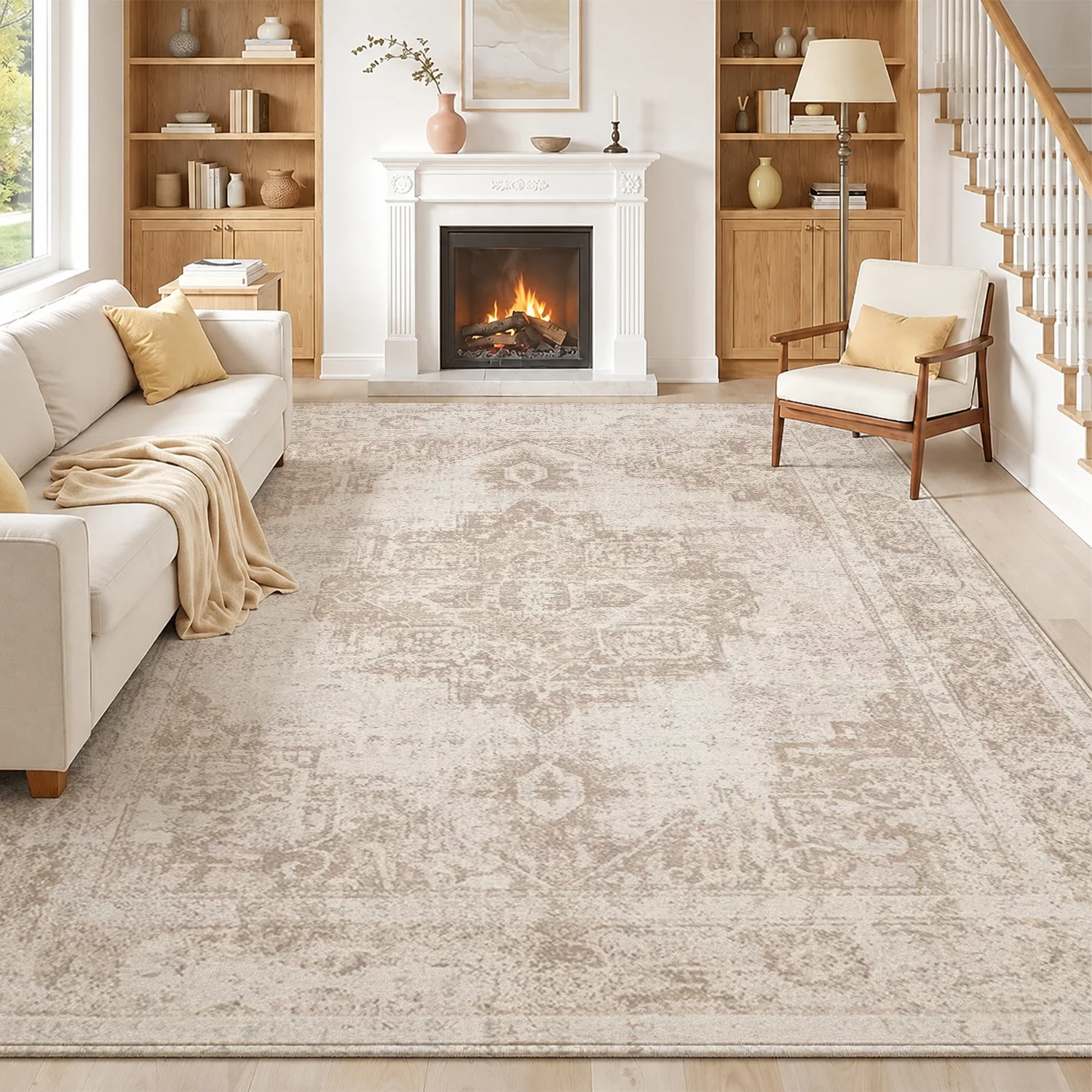 Large Indoor Area Rug, Soft Velvet Low Pile Rug with Non-slip Dotted Backing, Machine Washable Vintage Distressed Medallion Rug for Living Room Bedroom, Neutral Beige Cream Faded Ornament Indoor Floor Rug