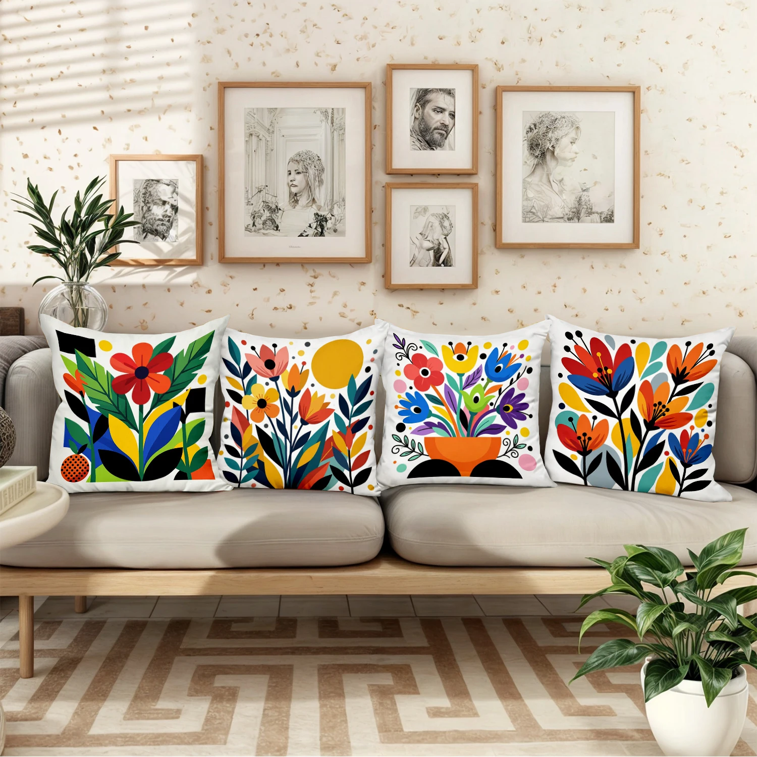 4pc Boho Floral Throw Pillow Covers Modern Abstract Botanical Cushion Cases for Living Room Bedroom Sofa Decor