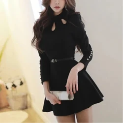 2024 Spring Summer New Korean Women's Splicing O-Neck Hollow Out Button Fashion Solid Color Slimming Sexy Long Sleeve Dresses