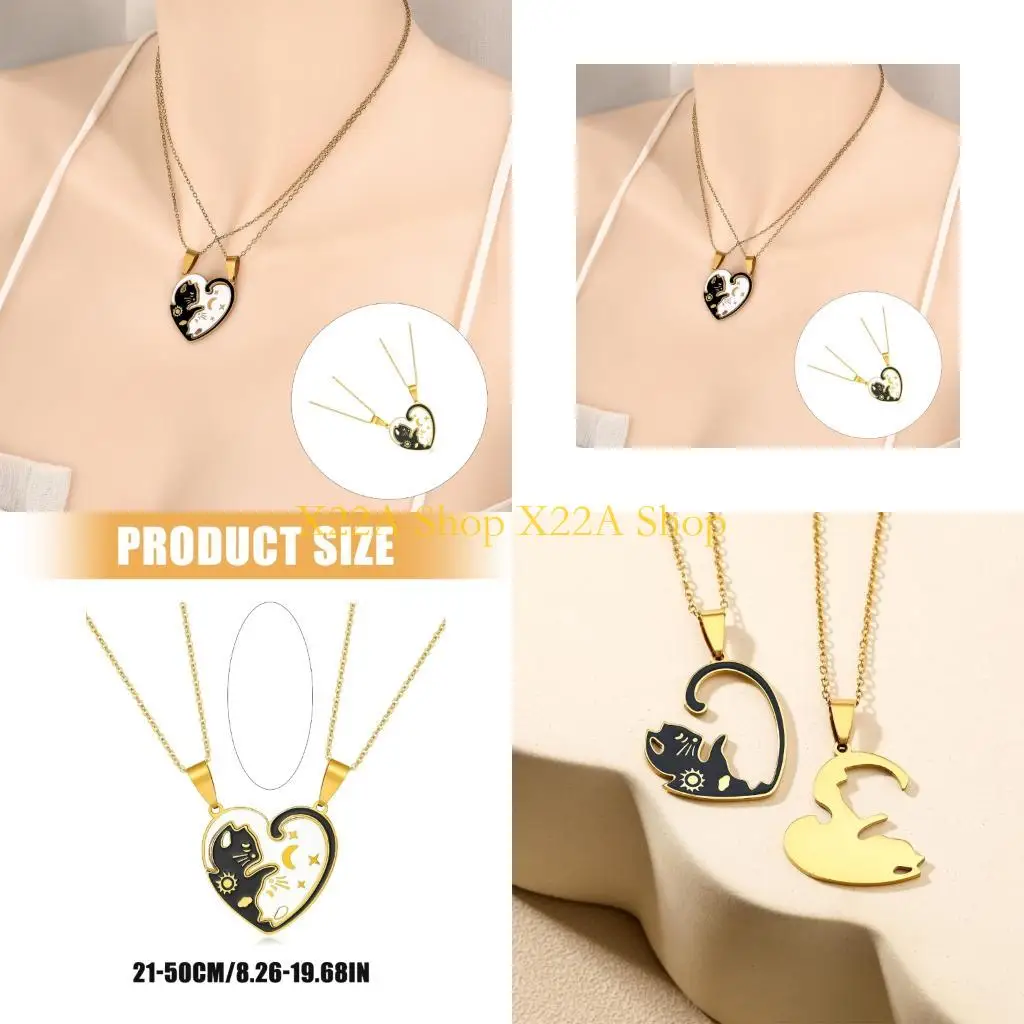 Unique 1 Pair Couple Pendant Necklaces Can Worn Together or Alone with Black and White Feline Charm Metal for Elegant