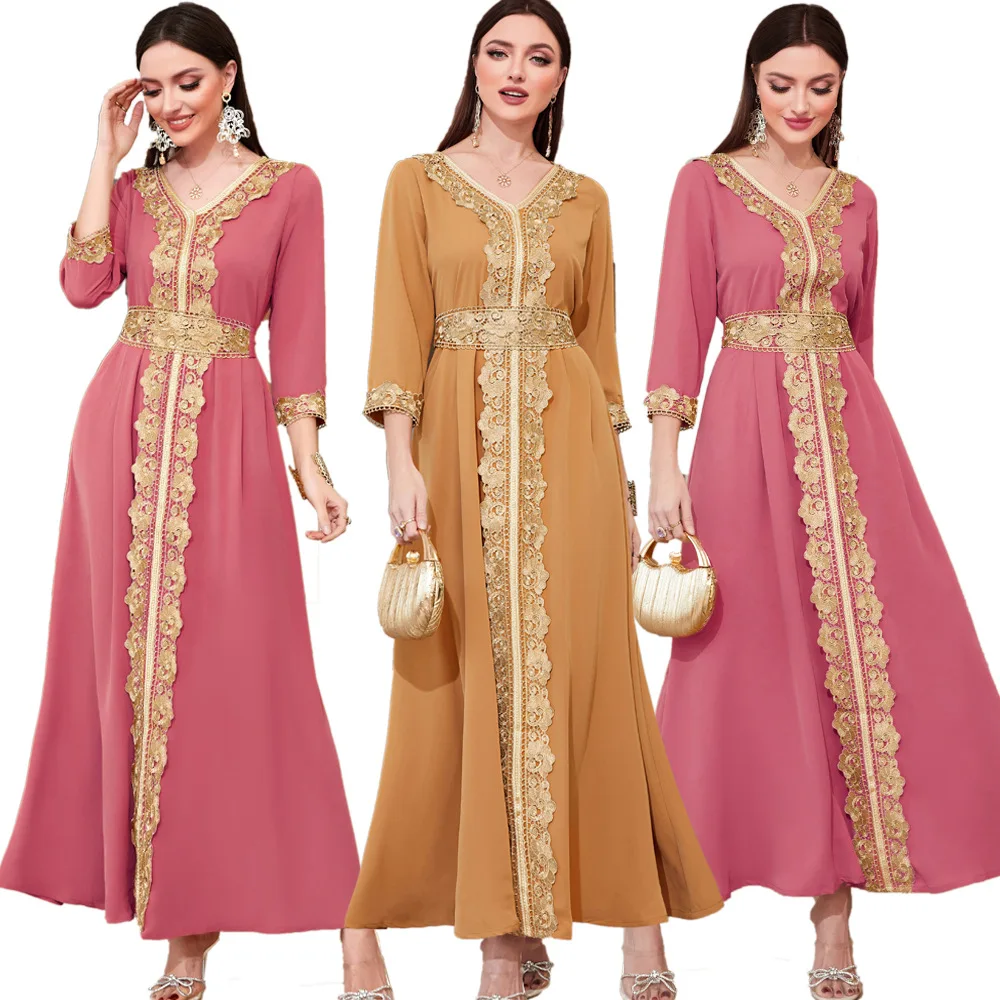 

Fashion Muslim Women Maxi Dress Turkey Abaya Islam Arabic Clothing Party Kaftan Dubai Lace Embroidery Turkey Ramadan Party Gown