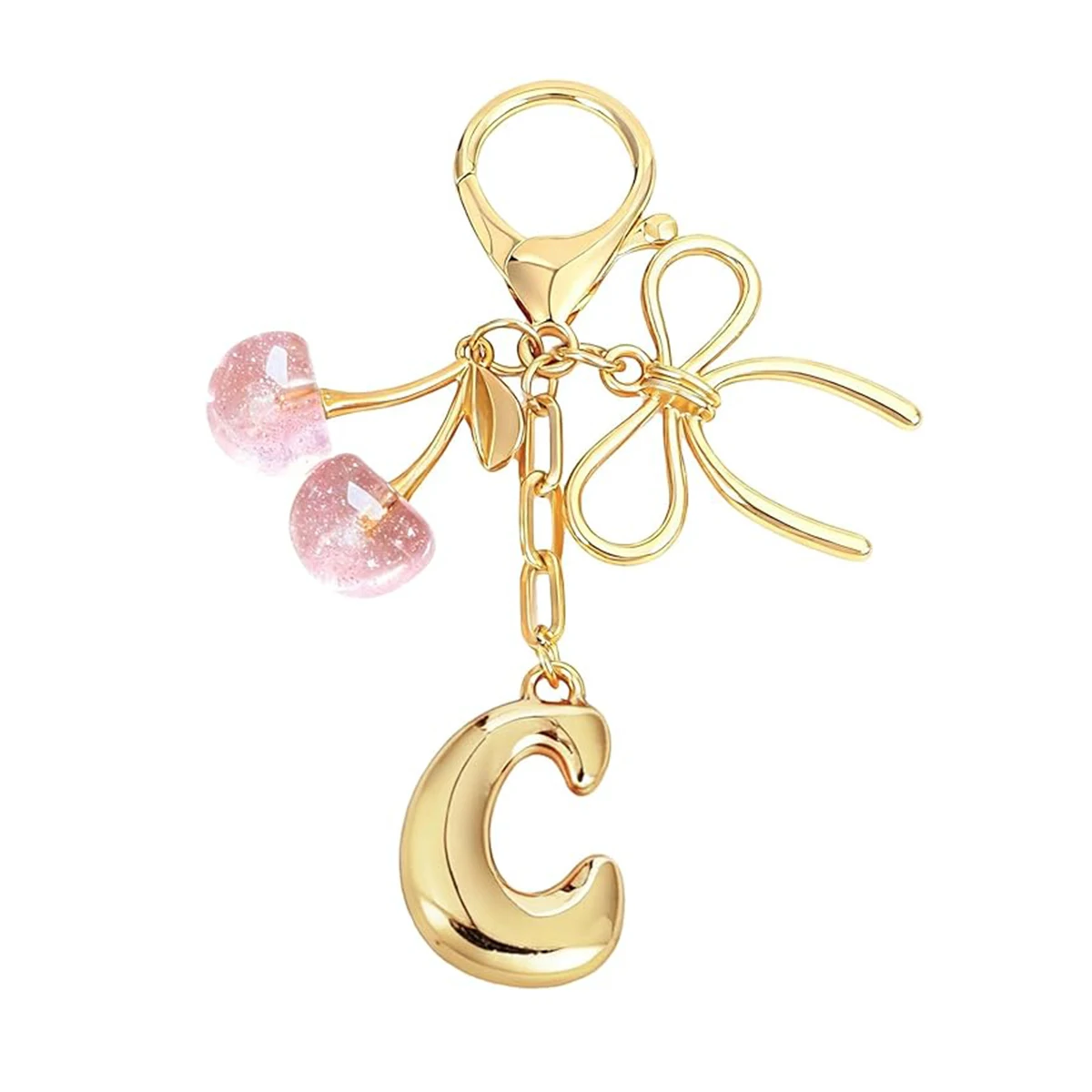 Gold Letter Bubble Initial Keychain with Bow & Cherry, Cute Handbag Accessory