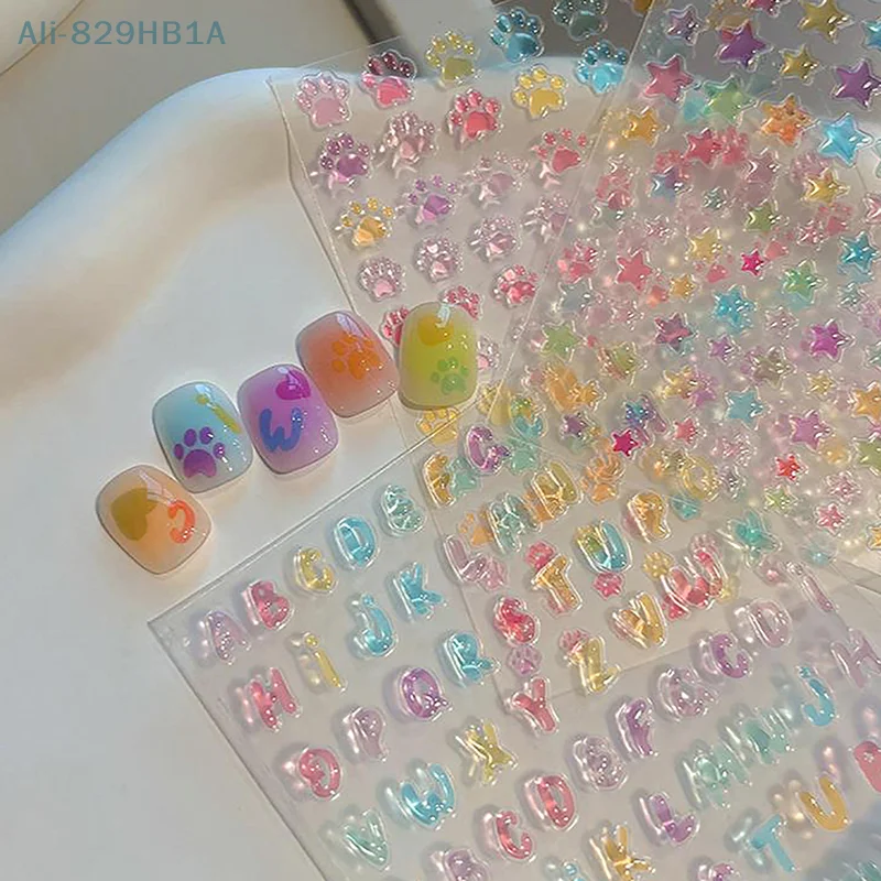 Jelly Style Love Nail Stickers Ice Transparent Colorful Super Cute Versatile Cat Paw Five Pointed Star Nail Back Adhesive Tape