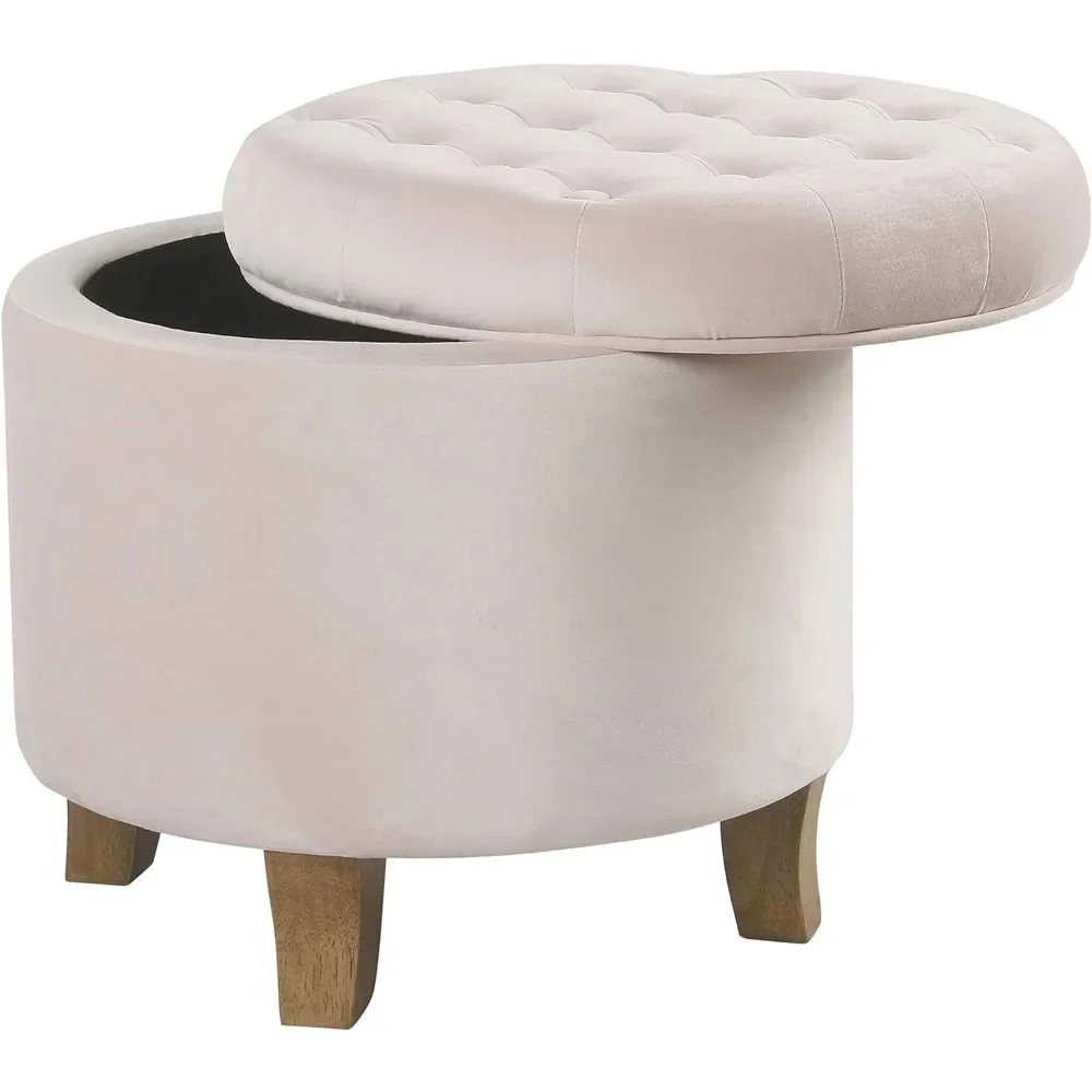 

Stool, round velvet tuft footrest with soft cushion, footstool with storage space, small stool