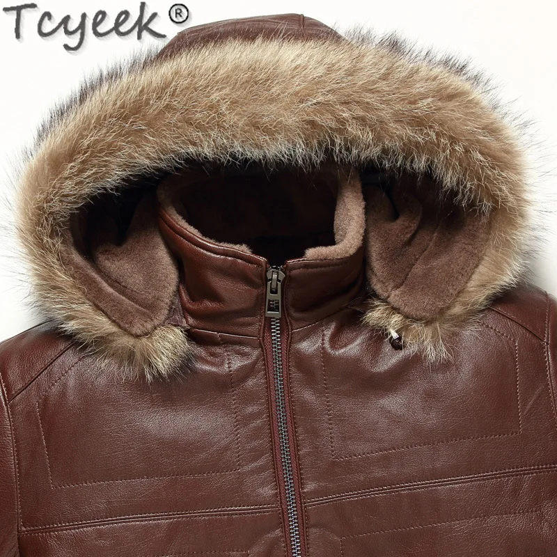 Tcyeek-Chaqueta de piel de oveja auténtica para hombre, abrigo cálido con capucha, forro de lana, ropa de moda, oferta especial, Invierno