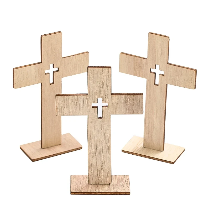 24pcs Wooden Cross Ornament Christian Symbol Diy Craft Decor Natural Wood Standing Cross For Church Home Prayer Festival Gift