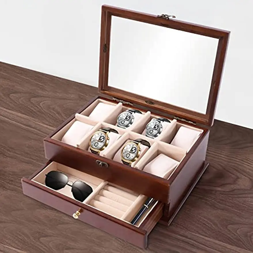 

8-Slot 2 Tier Wooden Watch Box Case Display Tray Bracelet Bangle Display Case/Holder Jewelry Storage Organizer