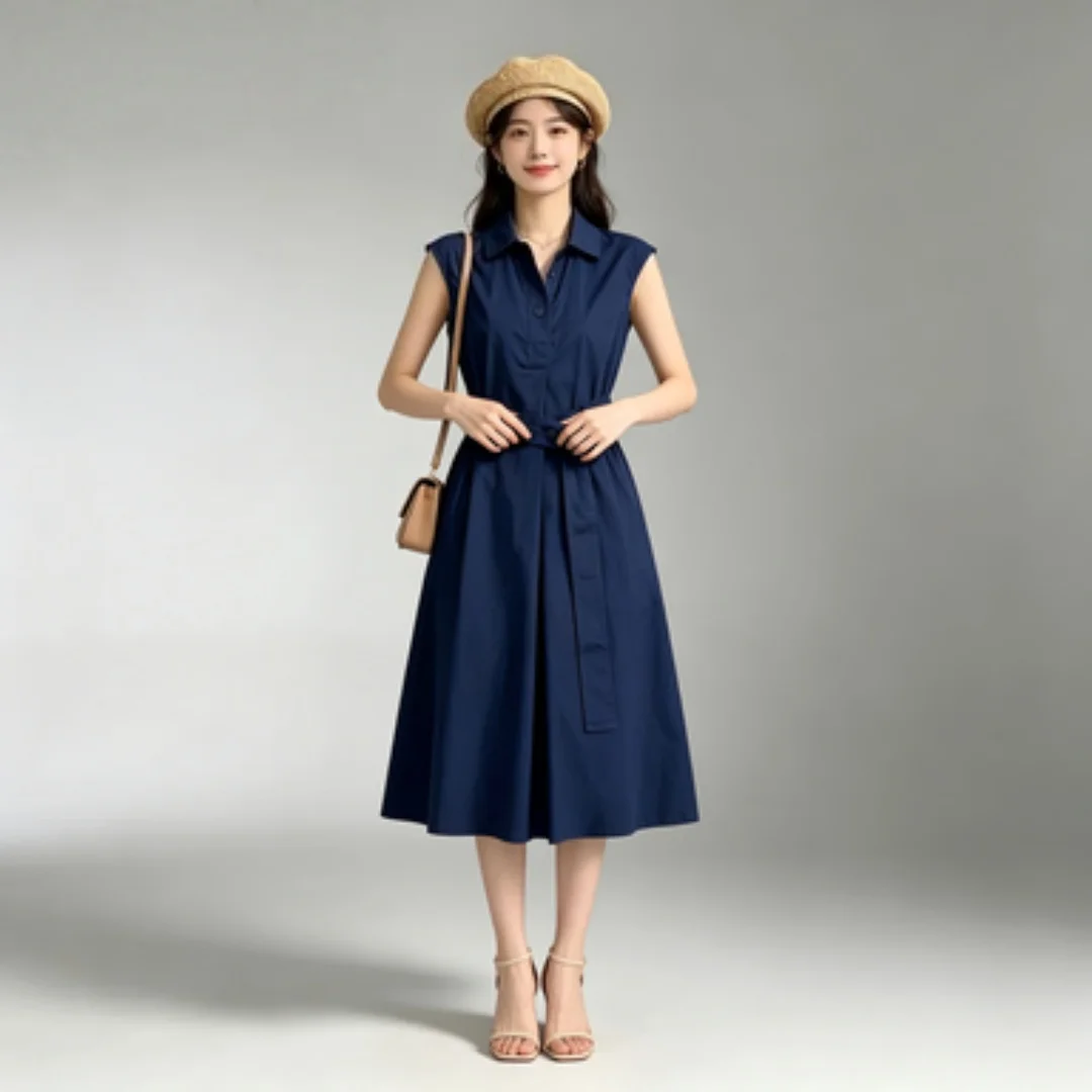 Women Sleeveless Tie Waist Midi Shirt Dress