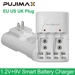 PUJIMAX 4-Slot Wall Smart Battery Charger 9V Rechargeable Battery and  1.2V AA/AAA Charging Rechargeable Battery UK US EU Plug