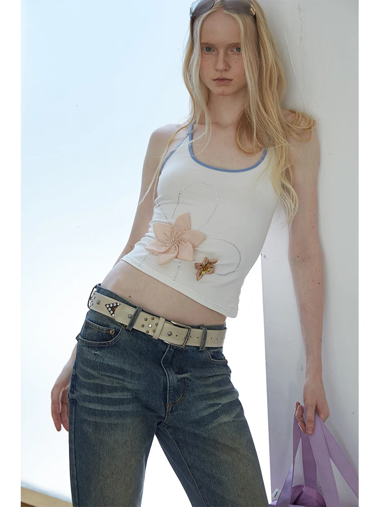 

Эластичный хлопковый топ ручной работы с бисером и цветочным узором, повседневный, приталенный, на бретельках, женский летний, без рукавов, милый и стильный