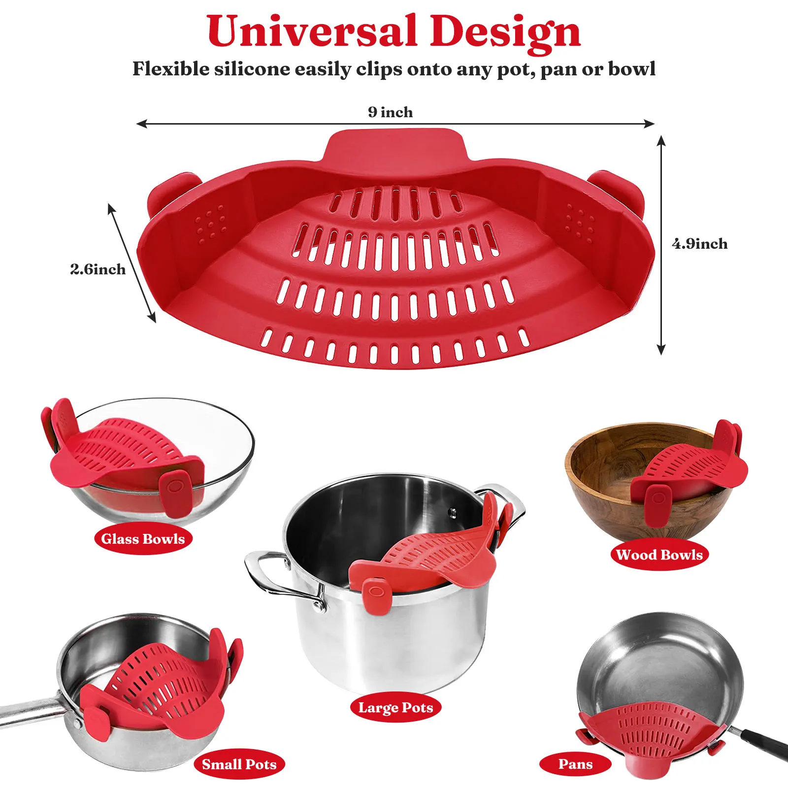 Silicone Kitchen Strainer Clip Pan Drain Rack Bowl Funnel Rice Pasta Vegetable Washing Colander Draining Excess Liquid Univers