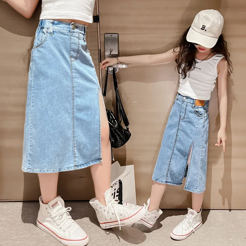 5 6 8 10 12 14 Years Teen Girls Denim Skirt New Fashion Korean Version Split Long Skirt Children Clothing Birthday Party Present