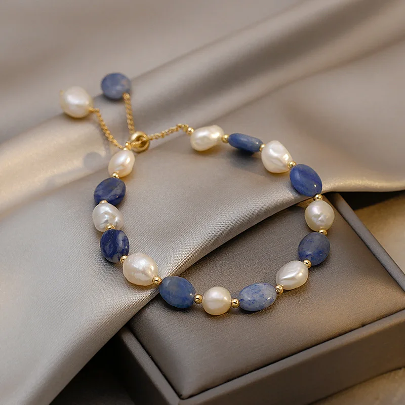 Trendy Blue Jade Stone & Baroque Freshwater Pearl 14K Gold Filled Female Charm Bracelet Jewelry For Women Birthday Gifts