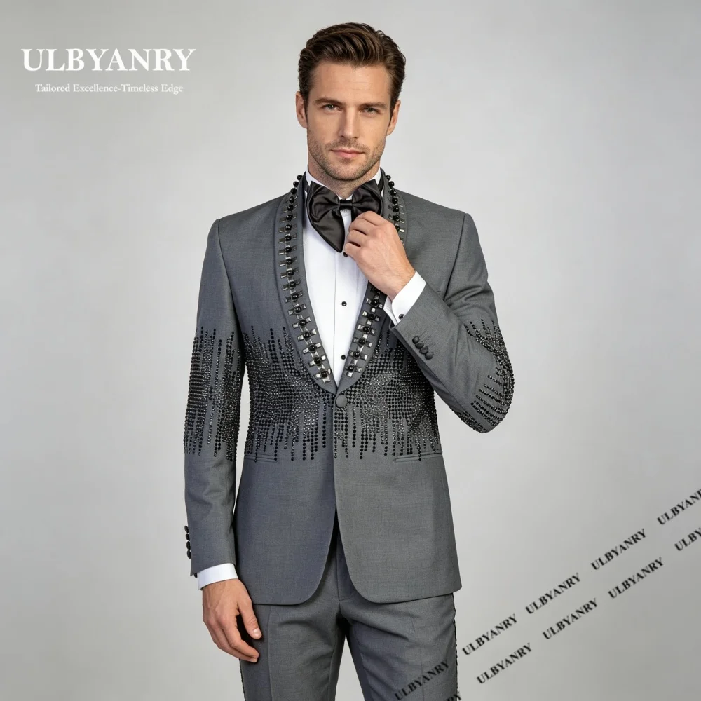 Elegant Embellished Suit Set for Men Trend Single Button Formal 2-Pieces Suit (Jacket Pants) XXS-7XL Customized Blazer Trousers