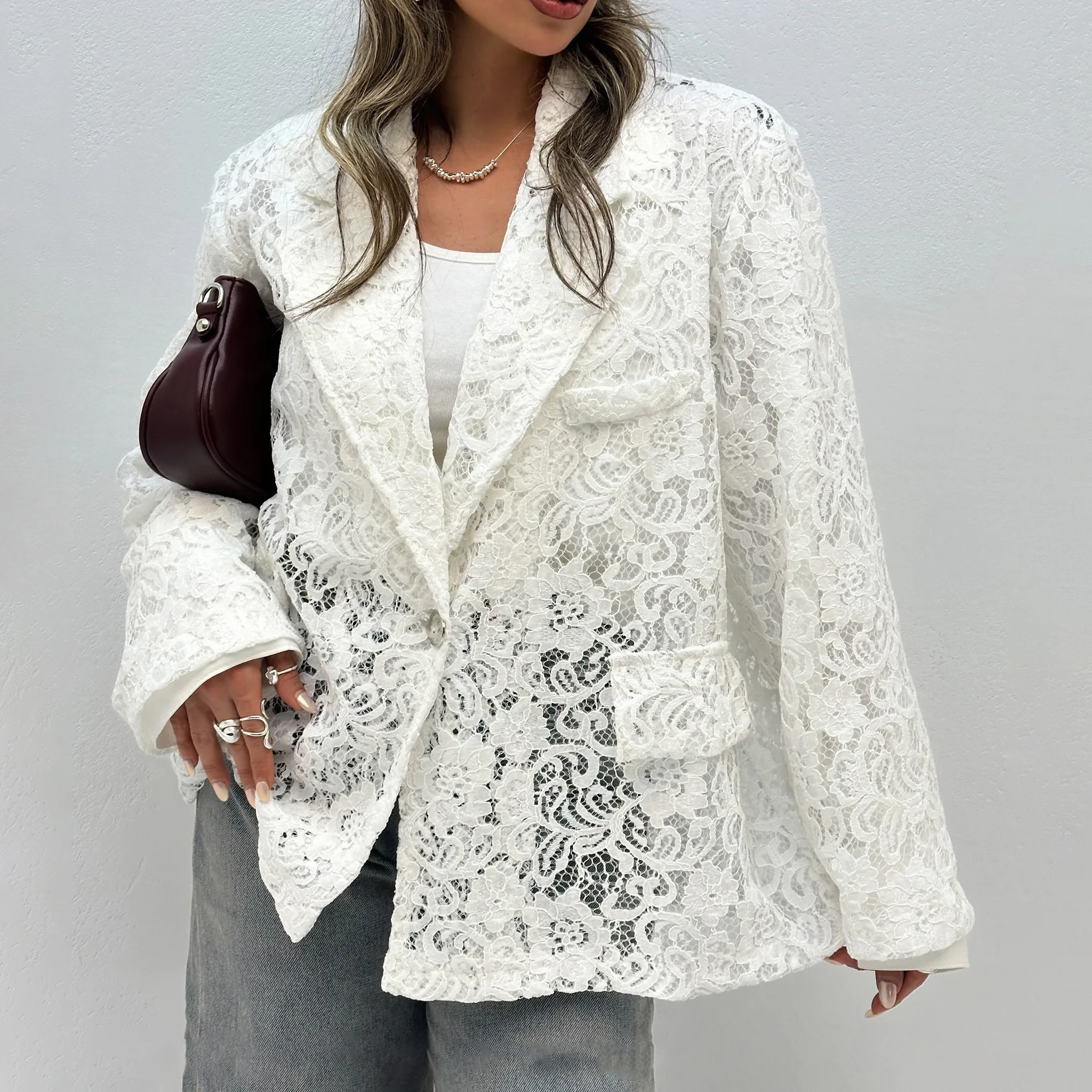 

Fashion Hollow Lace Suit Coat 2025 Spring Autumn Casual Women's Wear