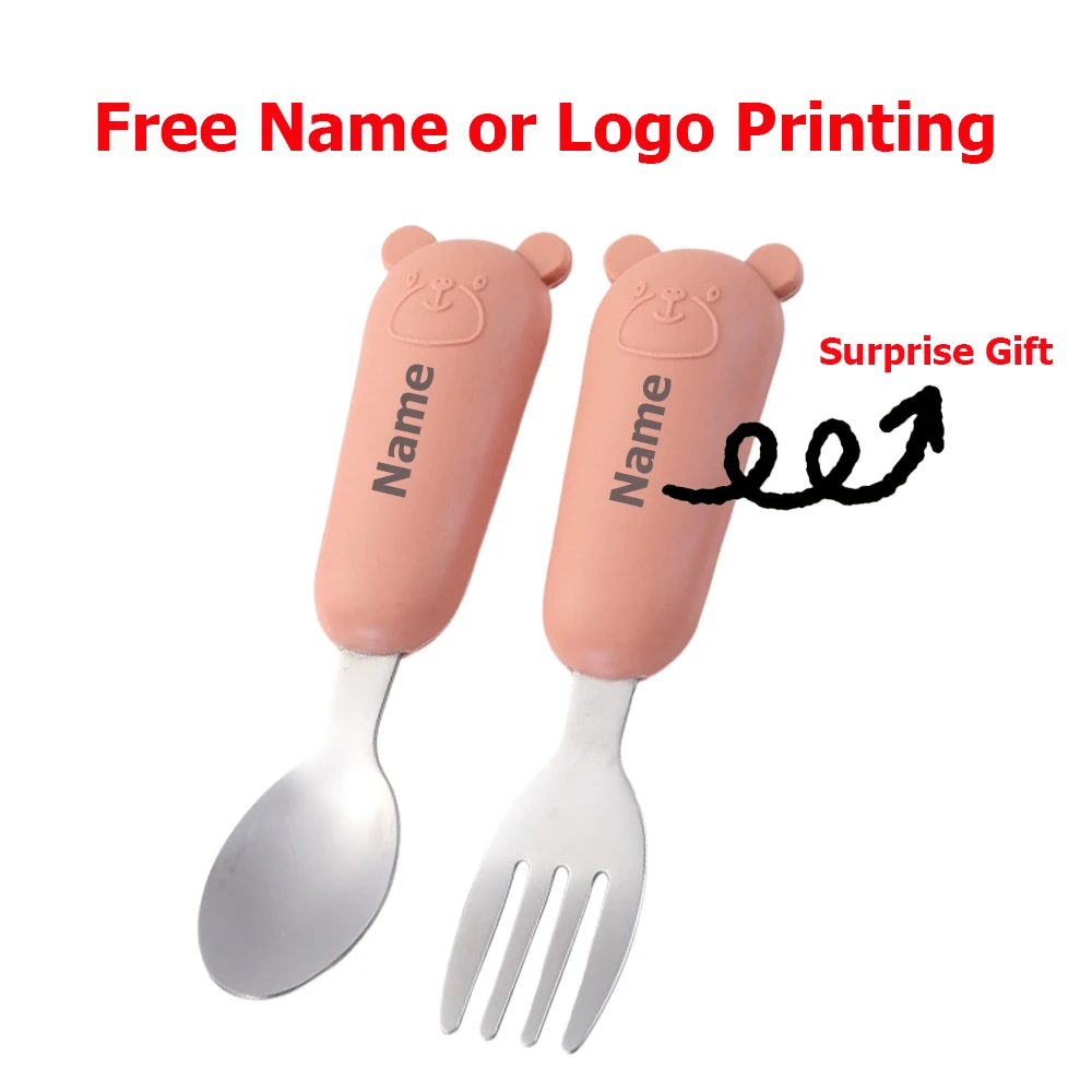 Baby Cutlery Set - Fork & Spoon Stainless Steel with Silicone Handles Free Name Engraving Children's Surprise Gift