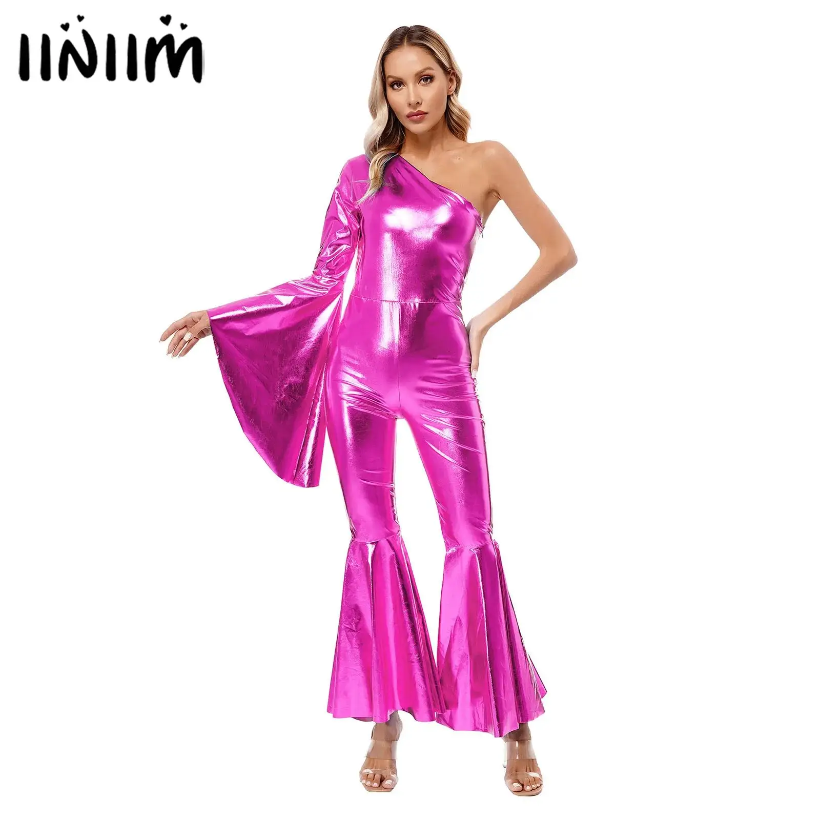 Women Metallic Shiny Bell-Bottom Ballet Ballroom Dance Jumpsuit One Shoulder Flare Sleeve Bodysuit Carnival Theme Party Clubwear