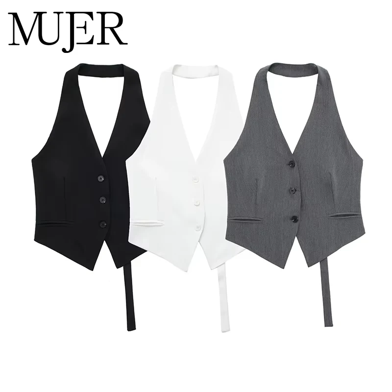 

MUJER Off Shoulder Sleeveless Vest Women Black White Cropped Vest Woman Fashion Backless V Neck Short Coats Summer Waistcoat