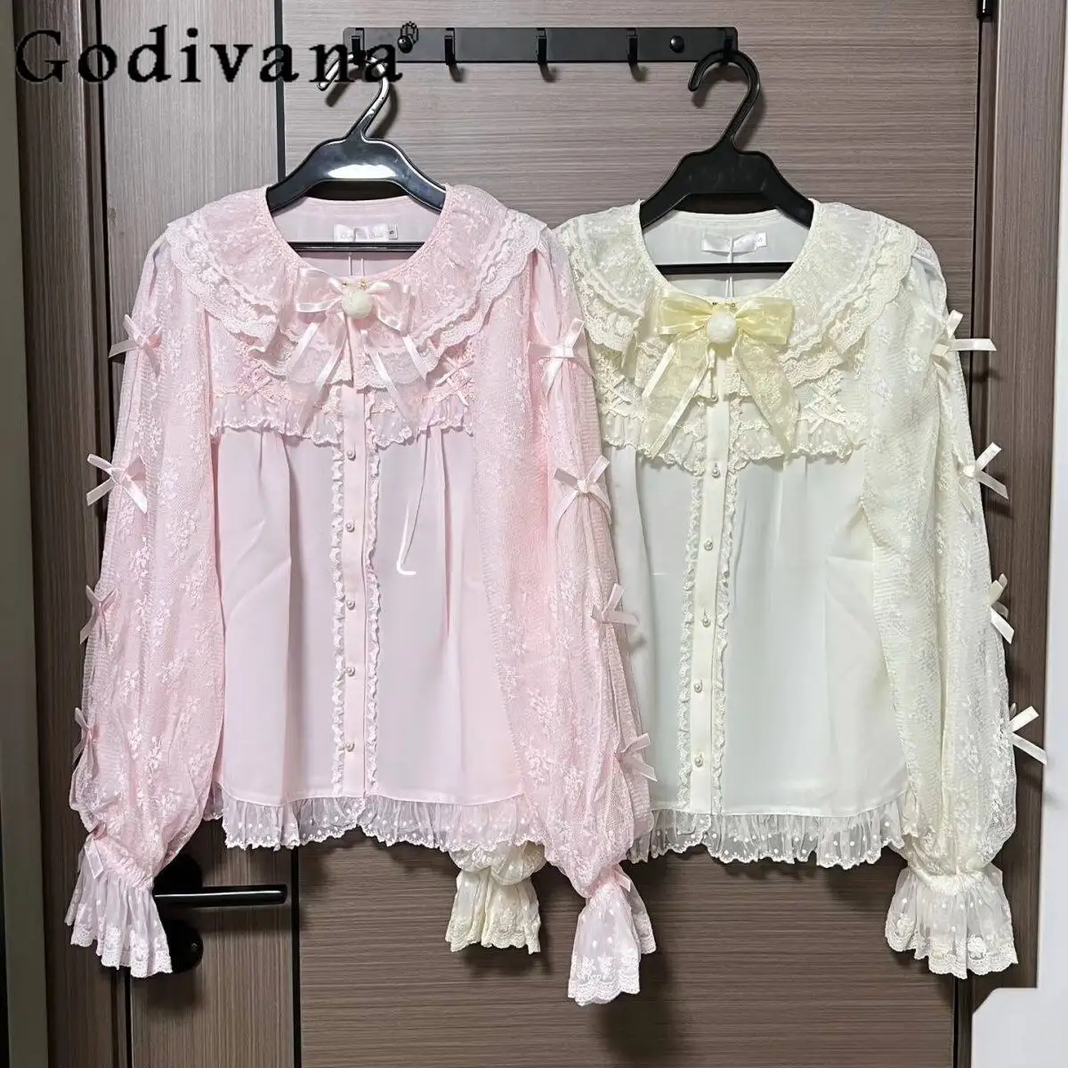 

Original Japanese Sweet Girl's Lolita Long-sleeved Shirt Spring and Summer New Woman's Cute Bow Lace Stitching Lo Blouses Tops