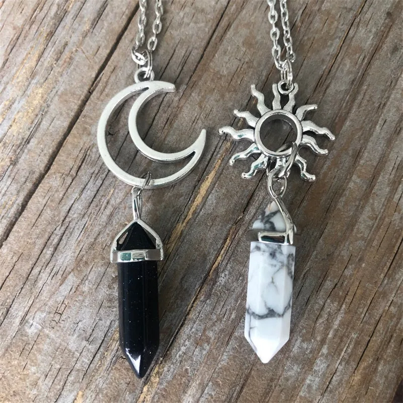 2pcs Vintage Sun Moon Natural Stone Hexagon Column Crystal Couple Jewelry Necklace Women Charm Accessories Pendant Gift
