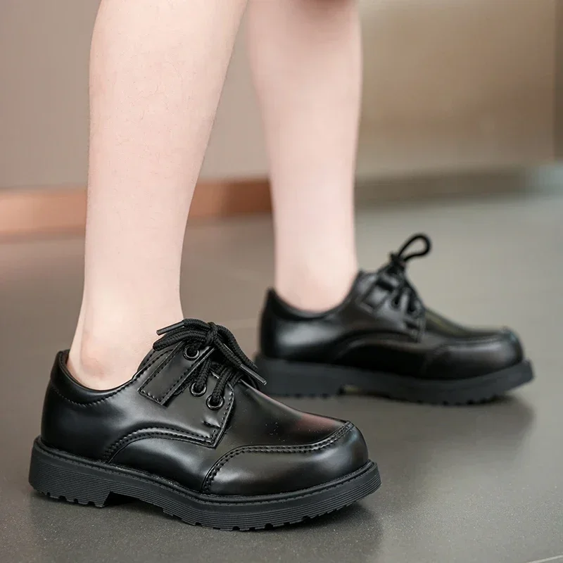 2024 Four Seasons Children Leather Shoes for School Black Glossy Britain Style UK Uniform School Shoes Kids Performance Loafers