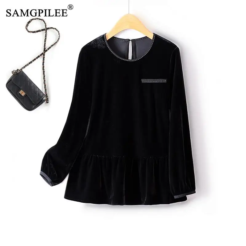 

Fashion Woman Blouse 2023 New Classic Bright Line Decoration Hem Pinched Pleats Velvet Drape O Neck Long Sleeve Slim T-shirts