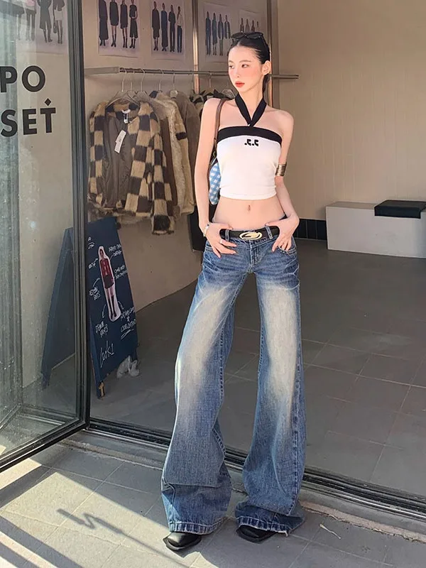 

American Retro Bell Bottom Jeans Women's Low Waist Loose Wide Leg Non-Matching Leggings Long Trousers Autumn New Arrival