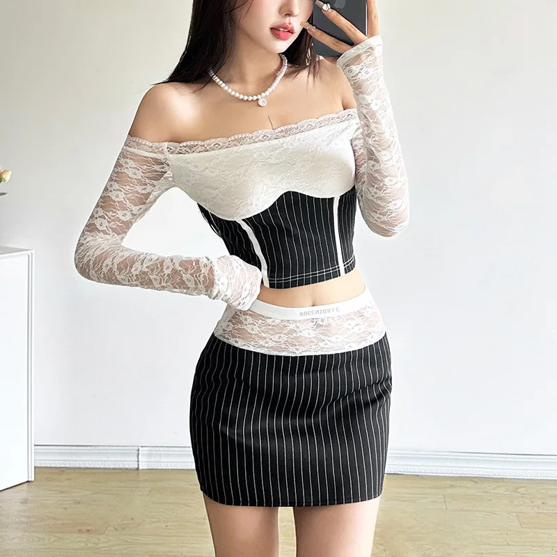 American Striped Lace Patchwork Short Skirt Set Summer New for Women's Office One Necked Long Sleeved Top High Waisted Skirt