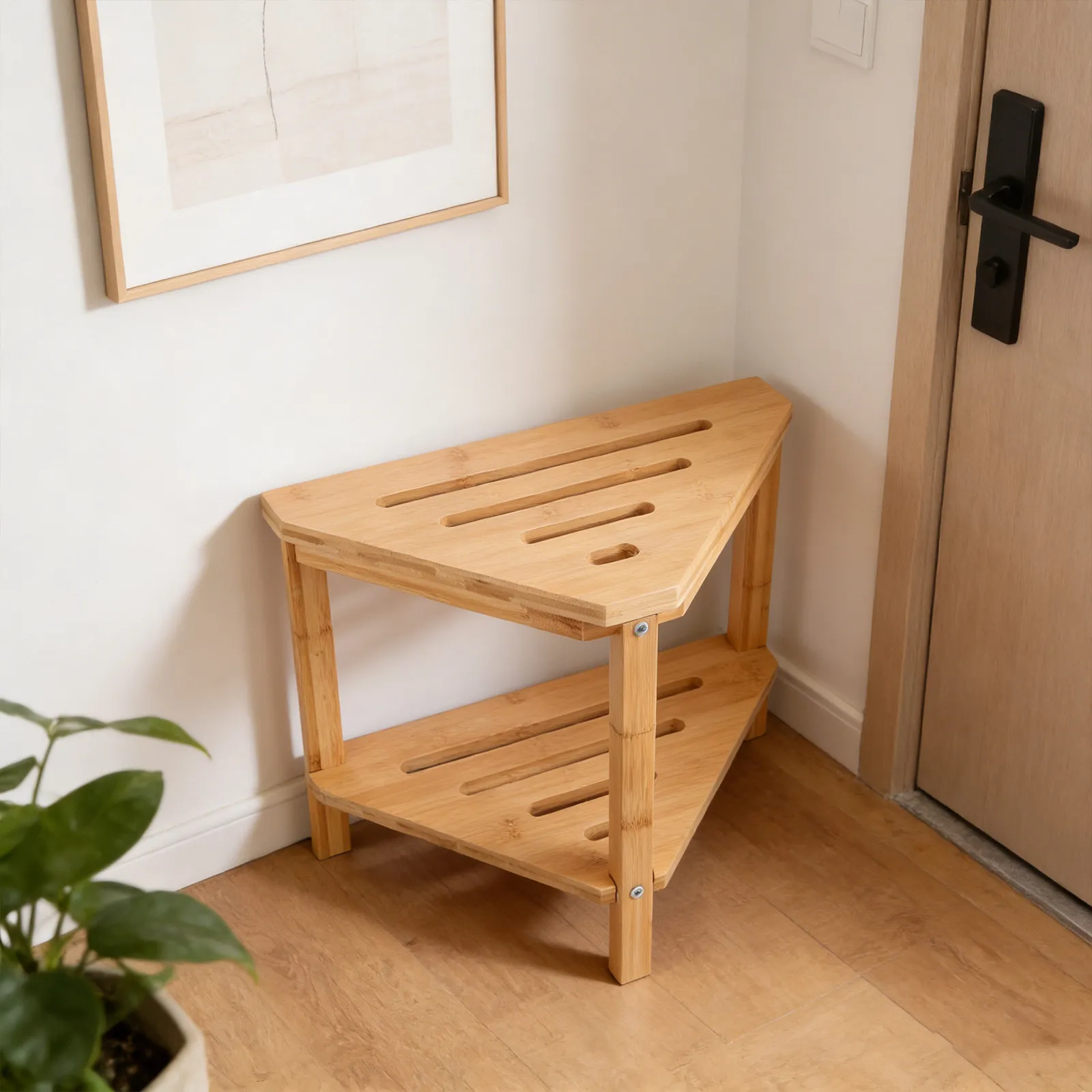 Bamboo Corner Shower Stool 2-Tier Waterproof Bathroom Footrest Shower Bench for Shaving Legs Storage Shelf Bath Seat Organizer