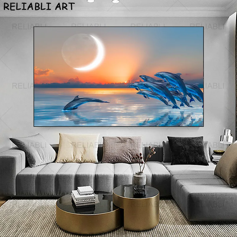 Natural Dolphin Animal Sea Canvas Painting Modern Poster and Prints Wall Art Pictures For Living Room Home Decor No Frame