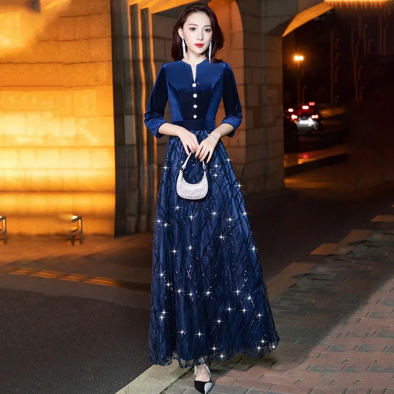 

Navy Blue O-Neck Evening Dress Three Quarter Sleeves Simple Sequins A-Line Pleat Floor-Length New Woman Formal Party Gowns A2373