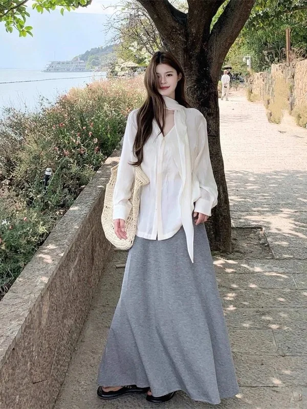 

Ladies Long Sleeve Shirt And A-Line Skirt Set with Sash Design Commute Style Autumn Casual Two-Piece Suit Polyester Fiber